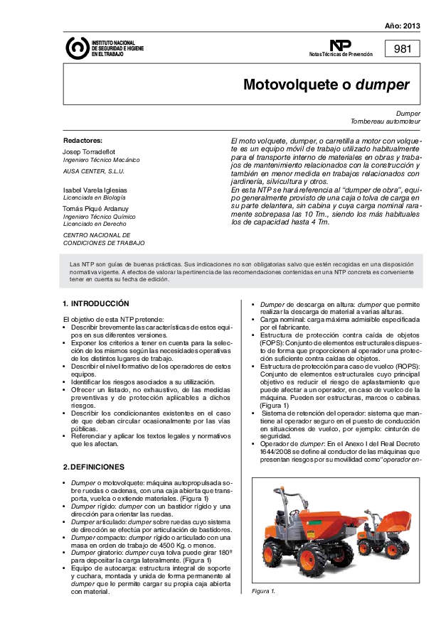 Primera página del documento NTP 0981: Motovolquete o dumper - Año 2013