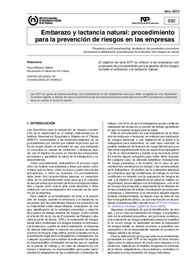 Primera página del documento NTP 0992: Embarazo y lactancia natural: procedimiento para la prevención de riesgos en las empresas - Año 2013