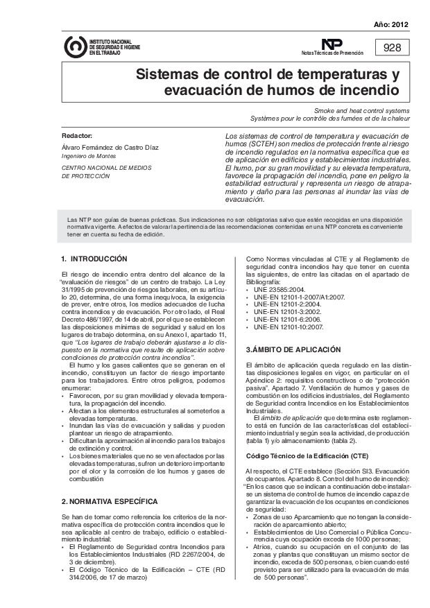 Primera página del documento NTP 0928: Sistemas de control de temperaturas y evacuación de humos de incendio - Año 2012