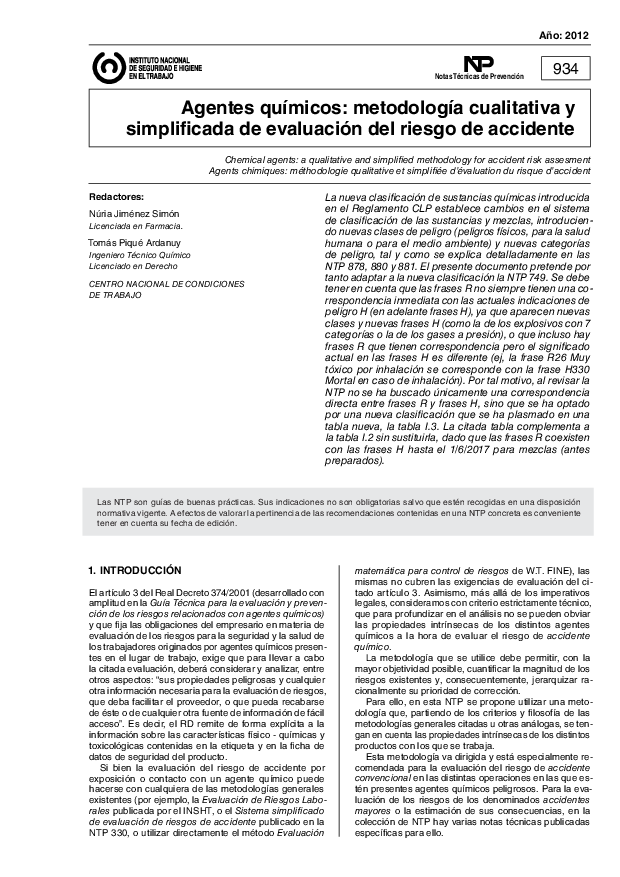 Primera página del documento NTP 0934: Agentes químicos: metodología cualitativa y simplificada de evaluación del riesgo de accidente - Año 2012