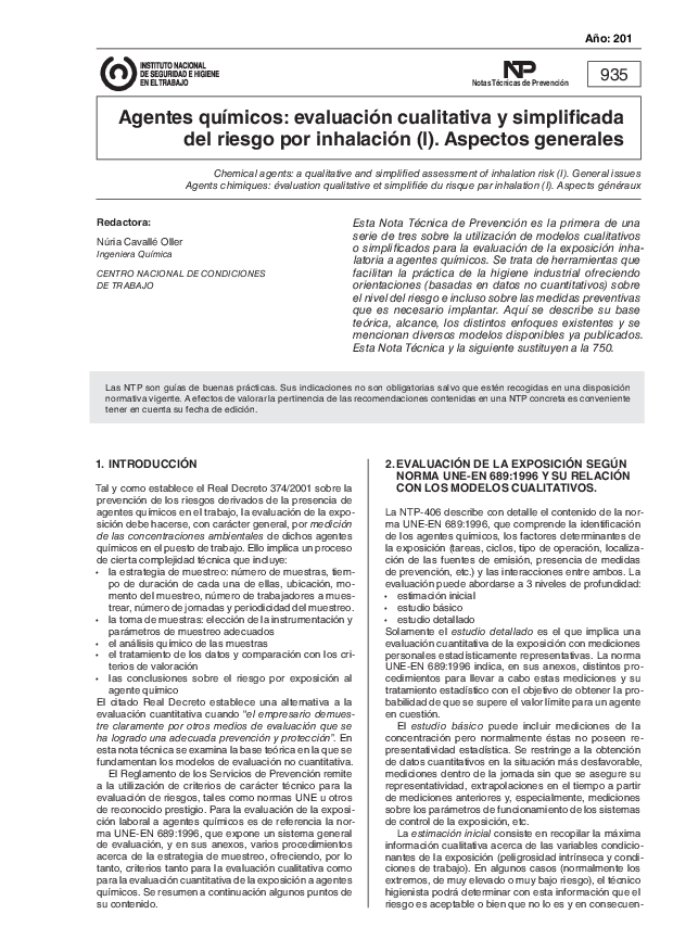 Primera página del documento NTP 0935:  Agentes químicos: evaluación cualitativa y simplificada del riesgo por inhalación (I). Aspectos generales - Año 2012