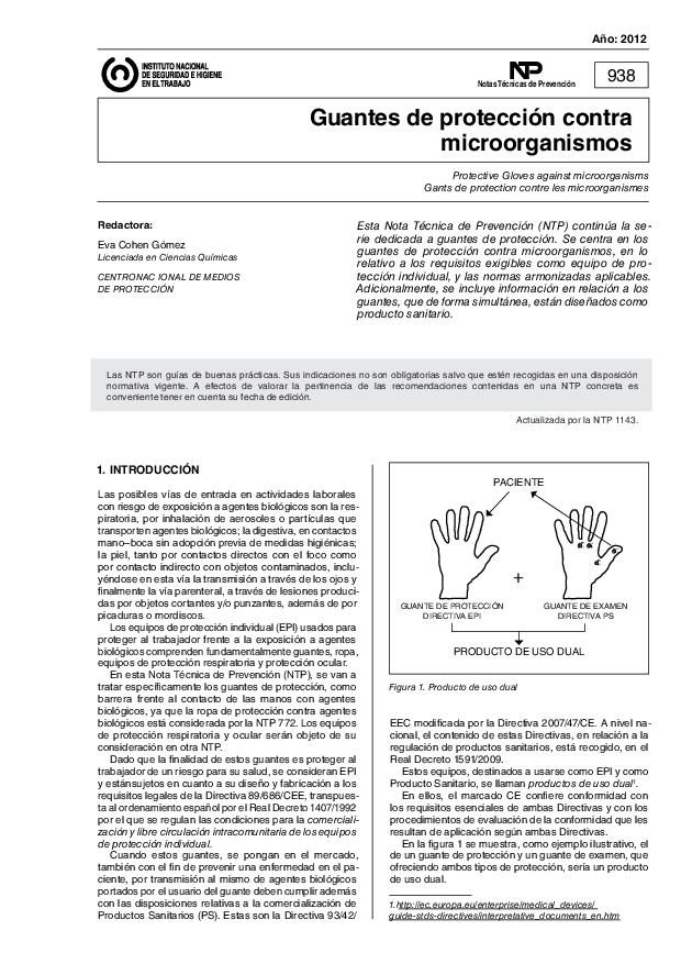 Primera página del documento NTP 938: Guantes de protección contra microorganismos - Año 2012 (actualizada por la NTP 1143)