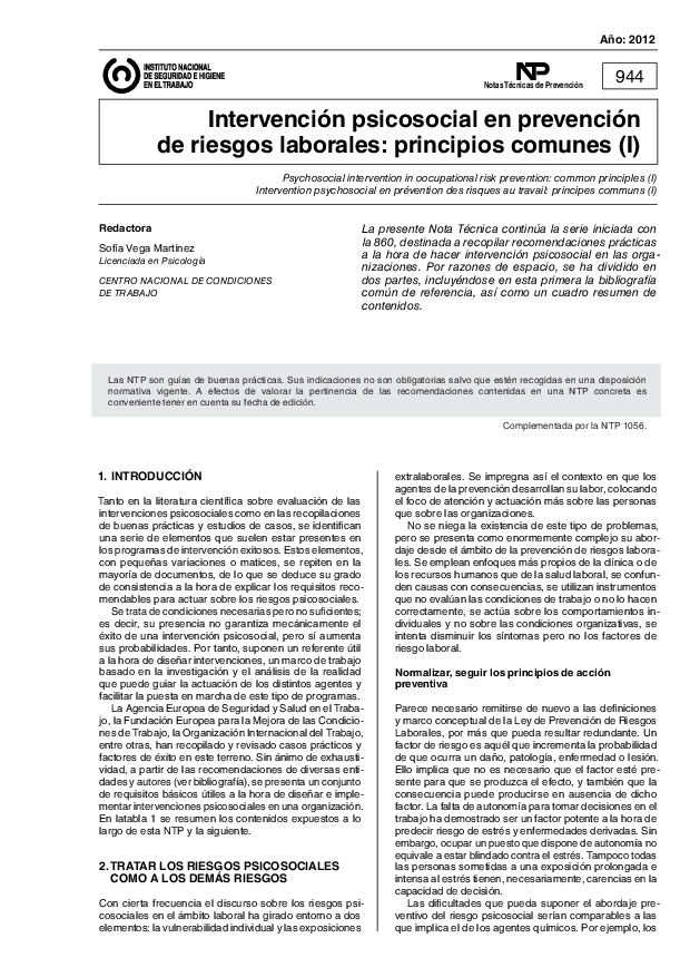 Primera página del documento NTP 0944: Intervención psicosocial en prevención de riesgos laborales: principios comunes (I) - Año 2012