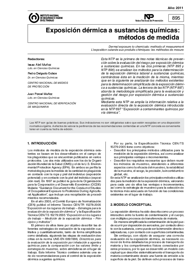 Primera página del documento NTP 0895: Exposición dérmica a sustancias químicas: métodos de medida - Año 2011