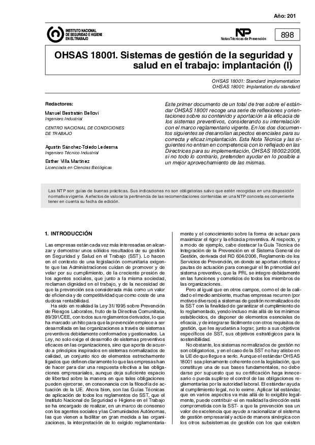 Primera página del documento NTP 0898: OHSAS 18001. Sistemas de gestión de la seguridad y salud en el trabajo: implantación (I) - Año 2011