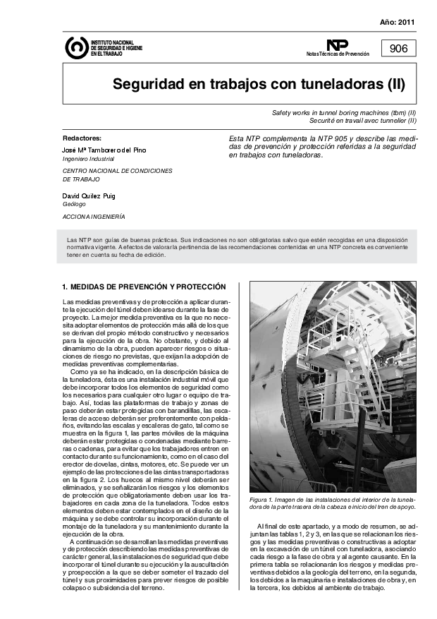 Primera página del documento NTP 906: Seguridad en trabajos con tuneladoras (II) - Año 2011