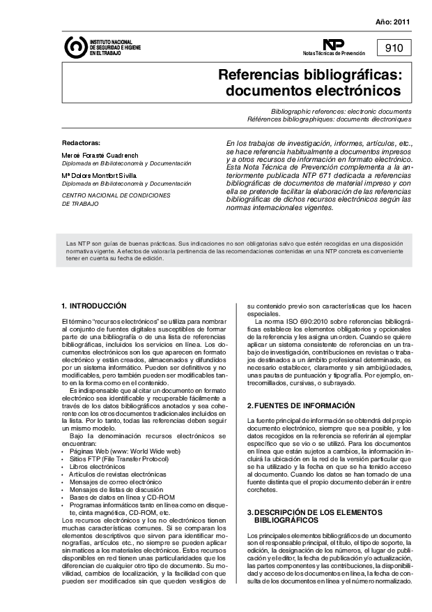 Primera página del documento NTP 910: Referencias bibliográficas: documentos electrónicos - Año 2011