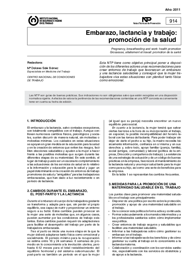 Primera página del documento NTP 0914: Embarazo, lactancia y trabajo: promoción de la salud - Año 2011