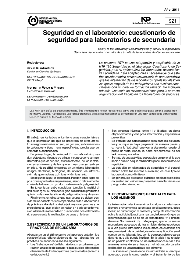Primera página del documento NTP 0921: Seguridad en el laboratorio: cuestionario de seguridad para laboratorios de secundaria - Año 2011