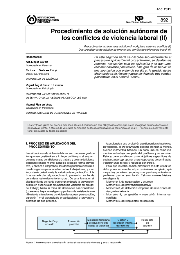 Primera página del documento NTP 0892: Procedimiento de solución autónoma de los conflictos de violencia laboral (II) - Año 2011