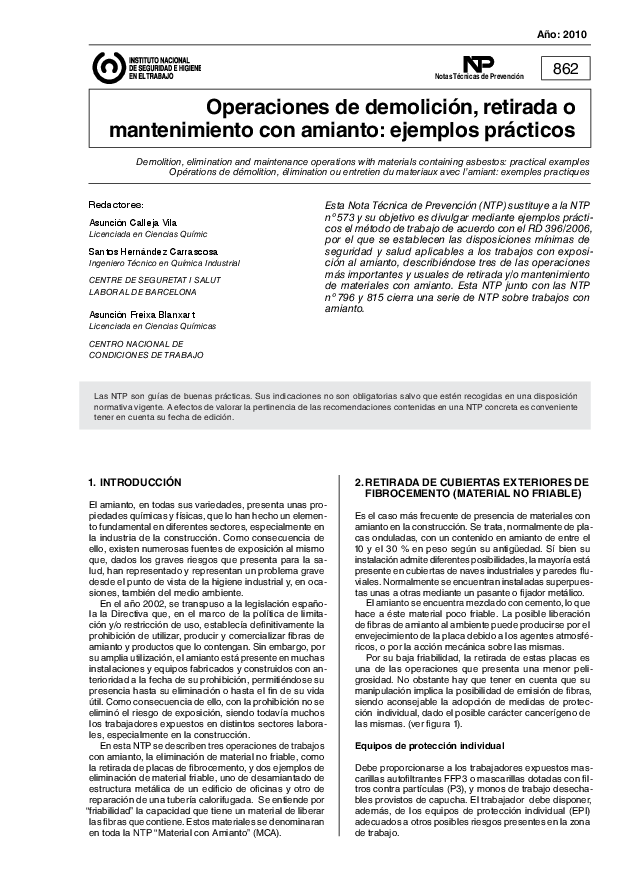 Primera página del documento NTP 0862: Operaciones de demolición, retirada o mantenimiento con amianto: ejemplos prácticos - Año 2010