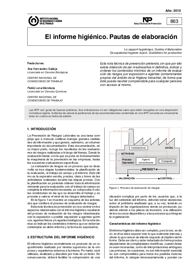 Primera página del documento NTP 0863: El informe higiénico. Pautas de elaboración - Año 2010