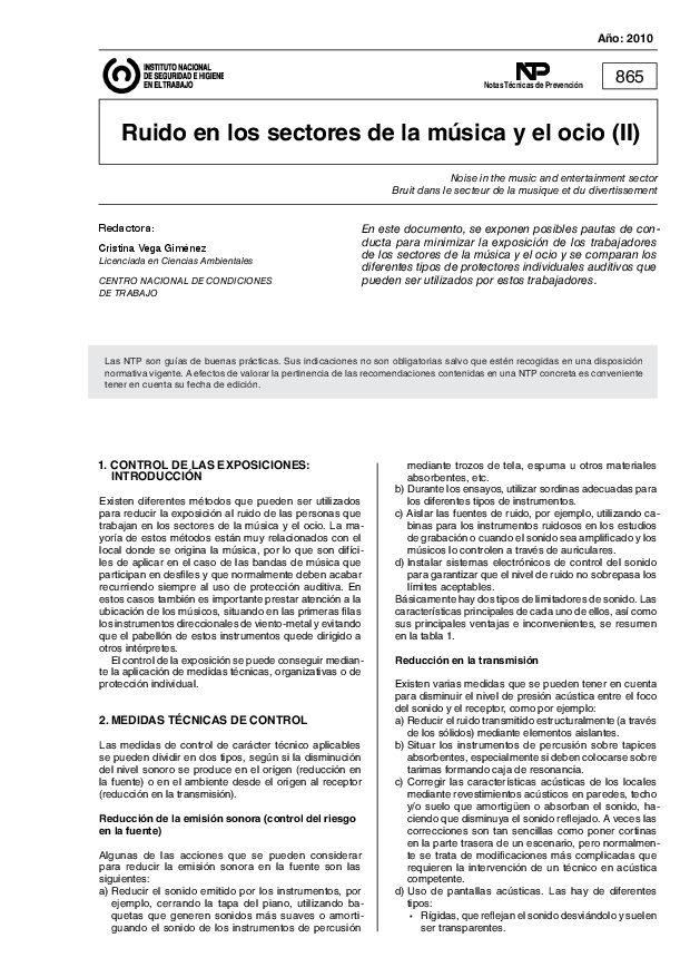 Primera página del documento NTP 865: Ruido en los sectores de la música y el ocio (II) - Año 2010