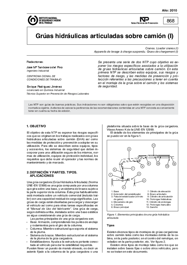 Primera página del documento NTP 0868: Grúas hidráulicas articuladas sobre camión (I) - Año 2010