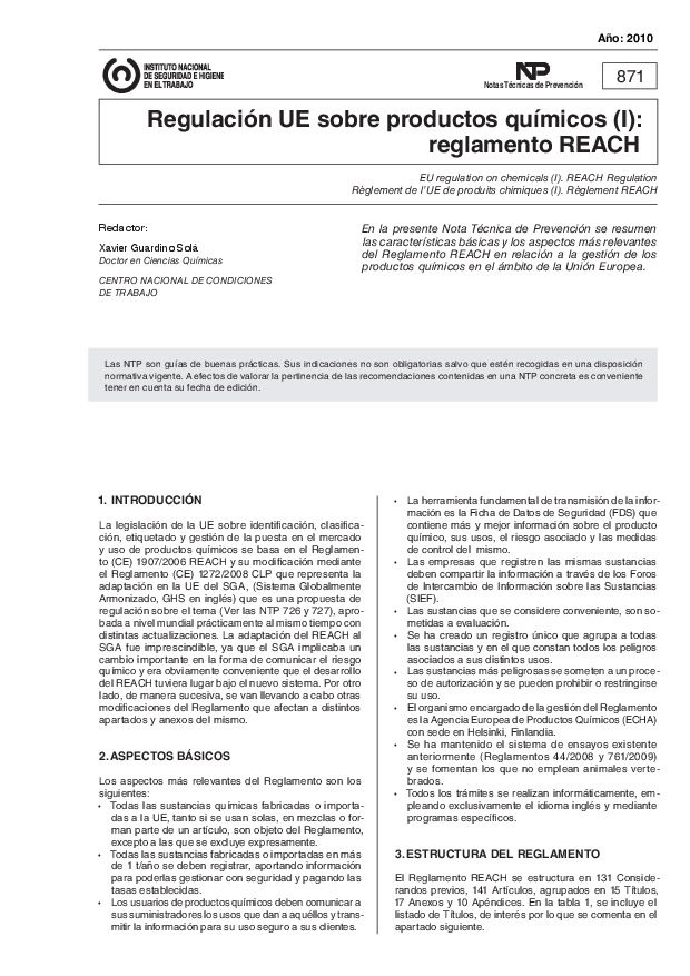 Primera página del documento NTP 0871: Regulación UE sobre productos químicos (I): reglamento REACH - Año 2010