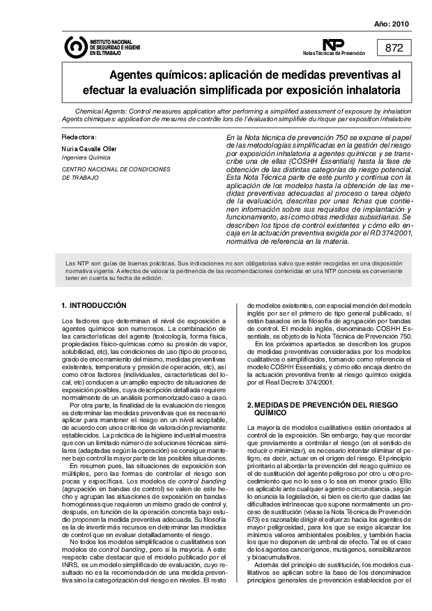 Primera página del documento NTP 0872: Agentes químicos: aplicación de medidas preventivas al efectuar la evaluación simplificada por exposición inhalatoria - Año 2010