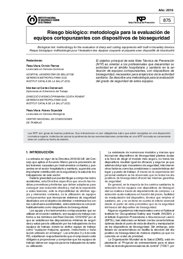 Primera página del documento NTP 0875: Riesgo biológico: metodología para la evaluación de equipos cortopunzantes con dispositivos de bioseguridad - Año 2010