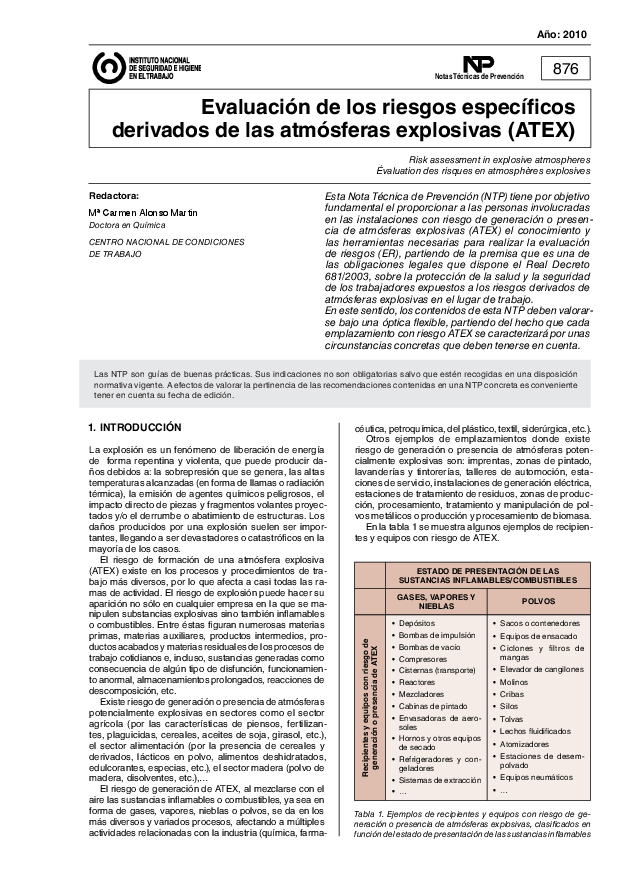 Primera página del documento NTP 0876: Evaluación de los riesgos específicos derivados de las atmósferas explosivas (ATEX) - Año 2010