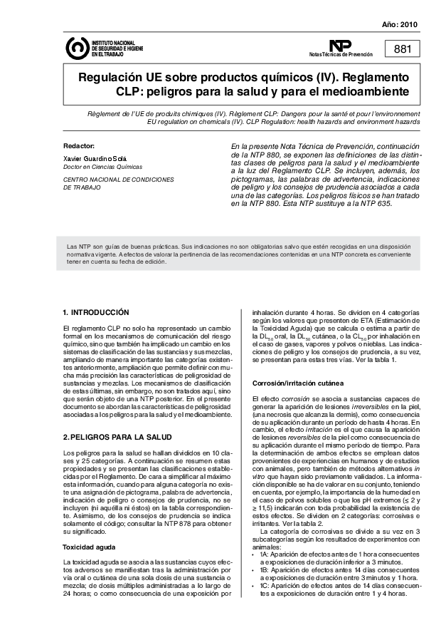 Primera página del documento NTP 0881:  Regulación UE sobre productos químicos (IV). Reglamento CLP: peligros para la salud y para el medioambiente - Año 2010