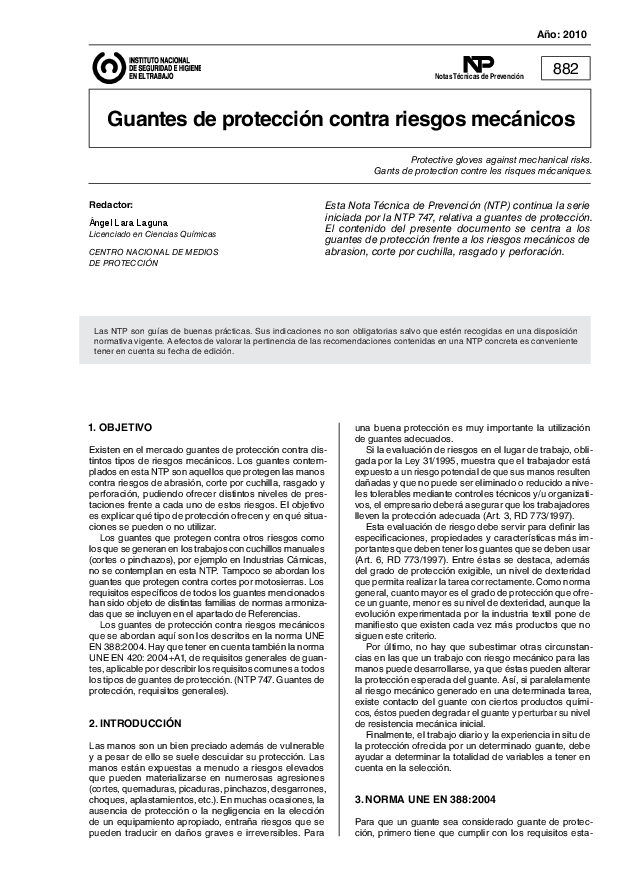 Primera página del documento NTP 0882: Guantes de protección contra riesgos mecánicos - Año 2010