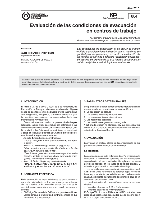 Primera página del documento NTP 0884: Evaluación de las condiciones de evacuación en centros de trabajo - Año 2010