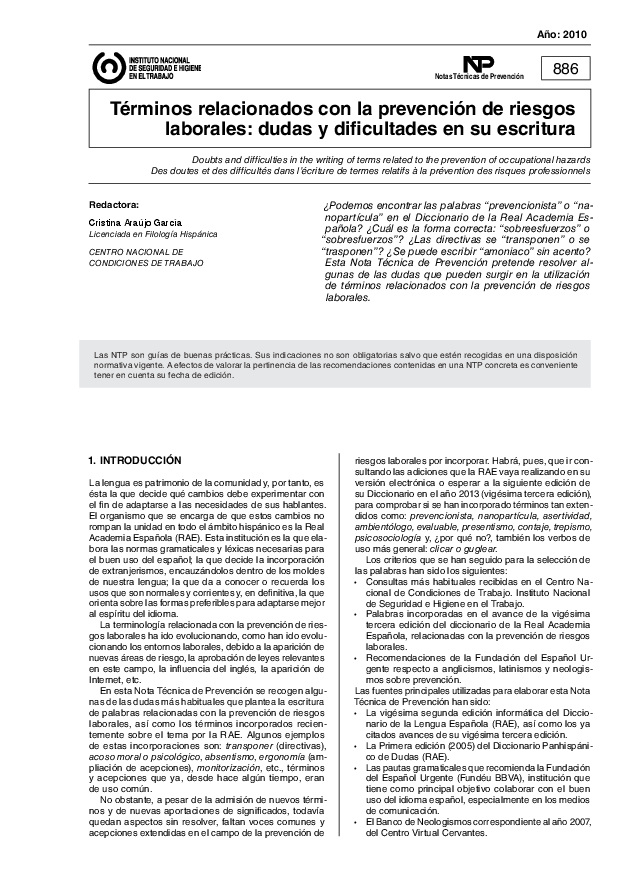 Primera página del documento NTP 0886: Términos relacionados con la PRL: dudas y dificultades en su escritura - Año 2010