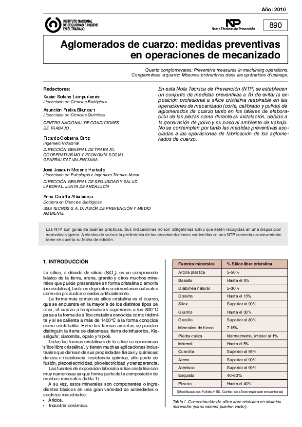 Primera página del documento NTP 0890: Aglomerados de cuarzo: medidas preventivas en operaciones de mecanizado  - Año 2010