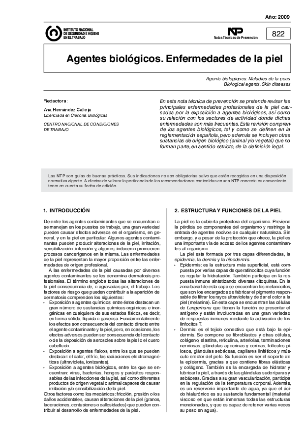 Primera página del documento NTP 0822: Agentes biológicos. Enfermedades de la piel - Año 2009