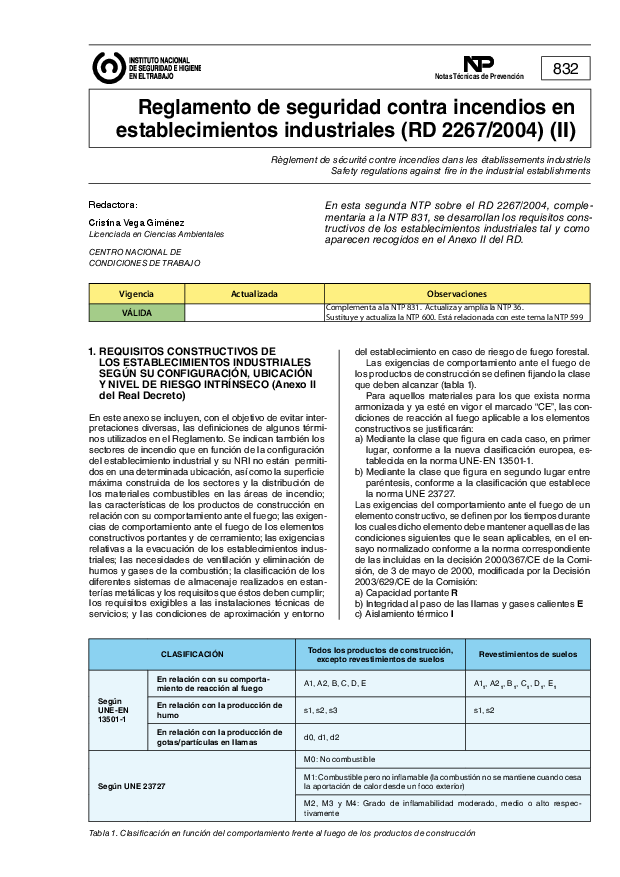 Primera página del documento NTP 0832: Reglamento de seguridad contra incendios en establecimientos industriales (RD 2267/2004) (II) - Año 2009