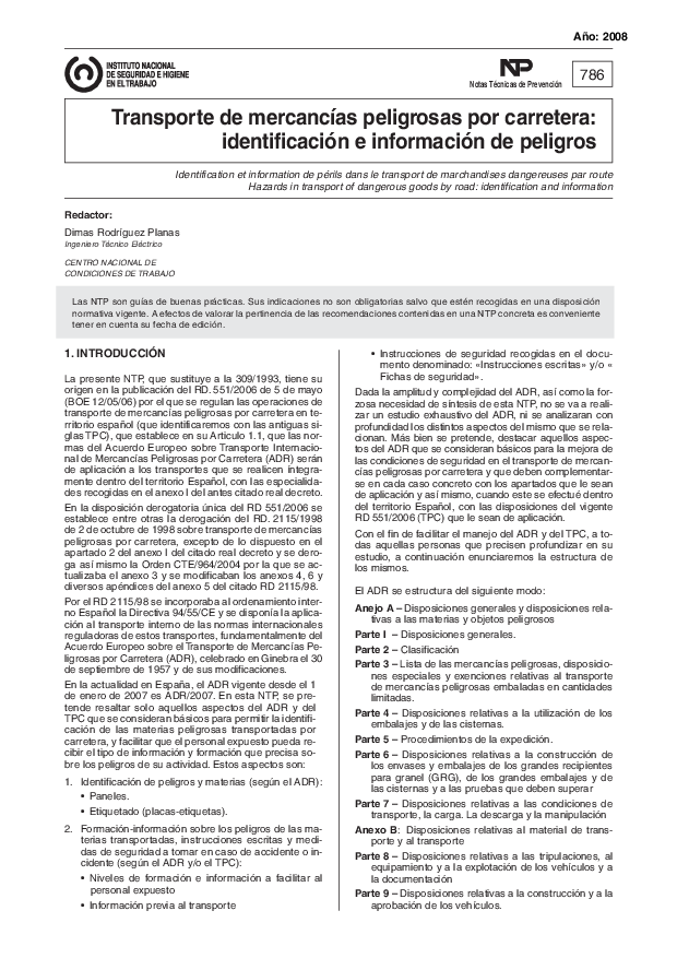 Primera página del documento NTP 0786: Transporte de mercancías peligrosas por carretera: identificación e información de peligros - Año 2008