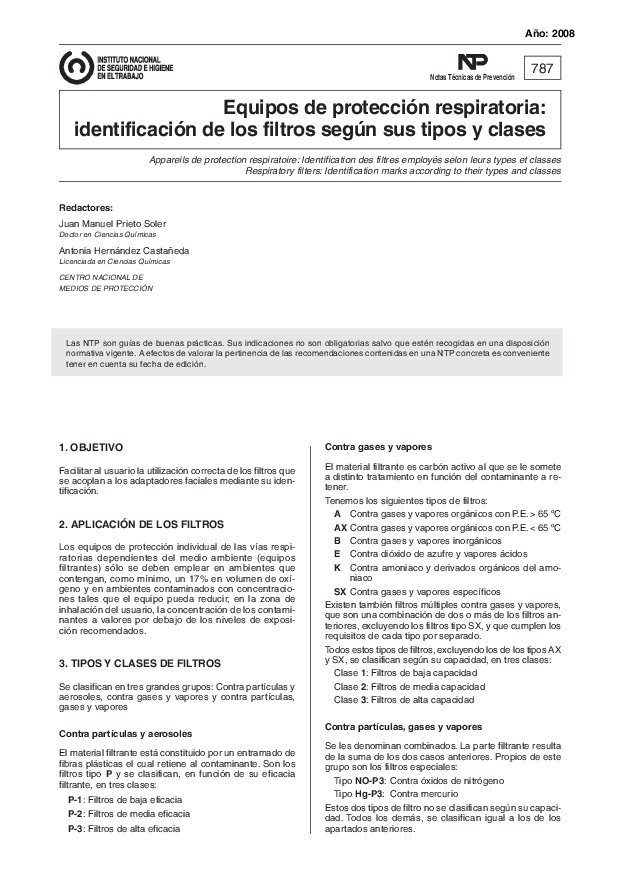 Primera página del documento NTP 787: Equipos de protección respiratoria: identificación de los filtros según sus tipos y clases - Año 2008
