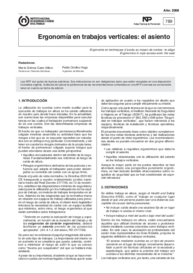 Primera página del documento NTP 0789: Ergonomía en trabajos verticales: el asiento - Año 2008