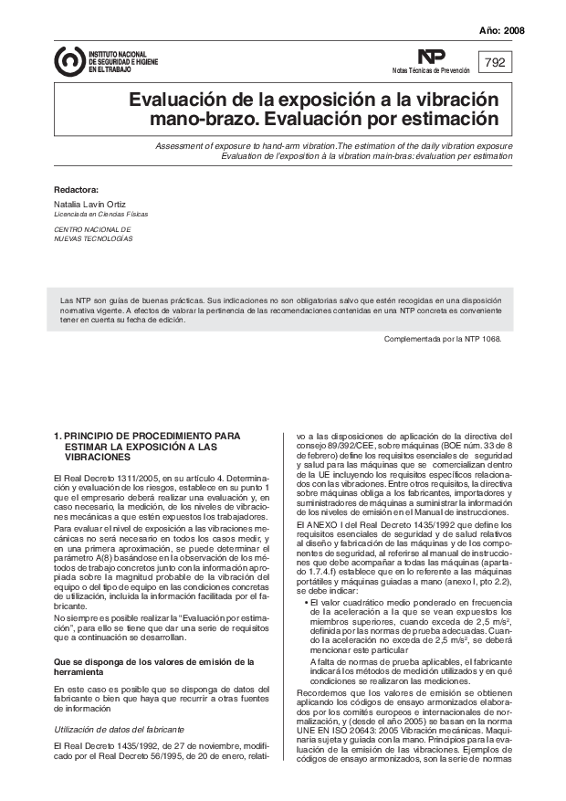 Primera página del documento NTP 0792: Evaluación de la exposición a la vibración mano­brazo. Evaluación por estimación - Año 2008