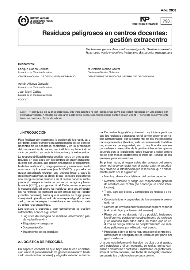 Primera página del documento Nota técnica de prevención - NTP 793