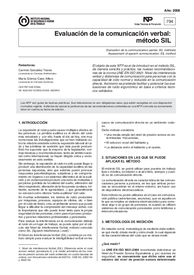 Primera página del documento NTP 0794: Evaluación de	la comunicación verbal: método SIL - Año 2008
