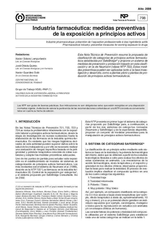 Primera página del documento NTP 0798: Industria farmacéutica: medidas preventivas de la exposición a principios activos - Año 2008