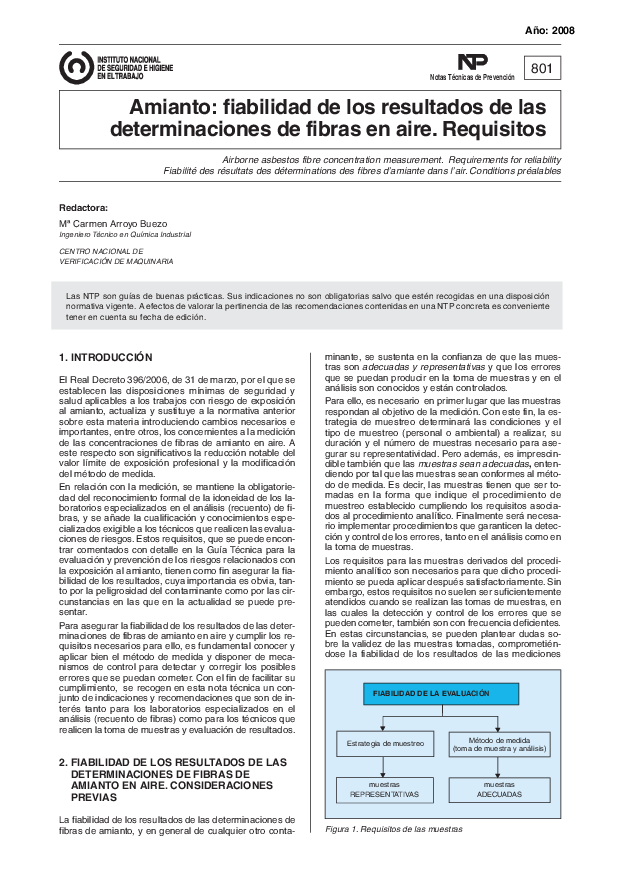 Primera página del documento Nota técnica de prevención - NTP 801
