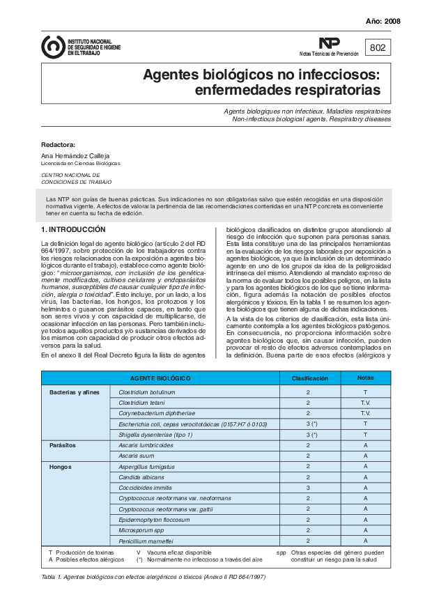 Primera página del documento NTP 0802: Agentes biológicos no infecciosos: enfermedades respiratorias - Año 2008