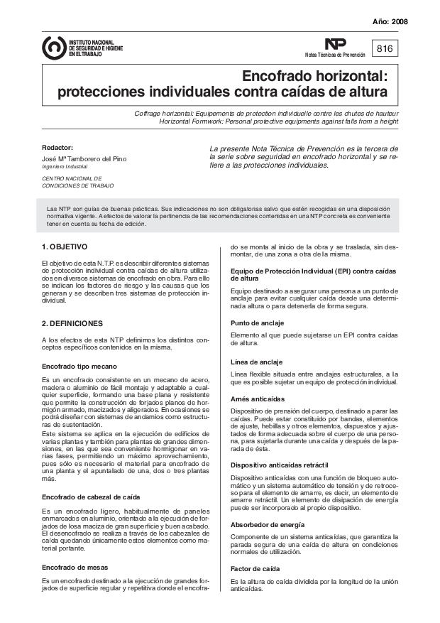 Primera página del documento NTP 0816: Encofrado horizontal: protecciones individuales contra caídas de altura - Año 2008