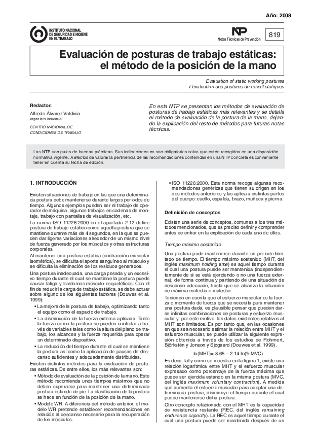 Primera página del documento NTP 0819: Evaluación de posturas de trabajo estáticas: el método de la posición de la mano - Año 2008