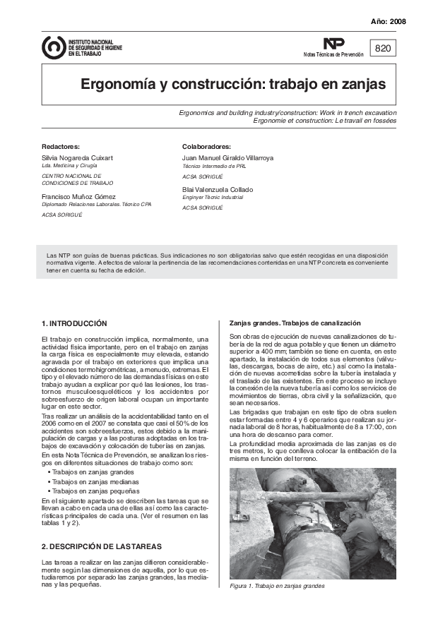 Primera página del documento NTP 0820 Ergonomía y construcción: trabajo en zanjas - Año 2008