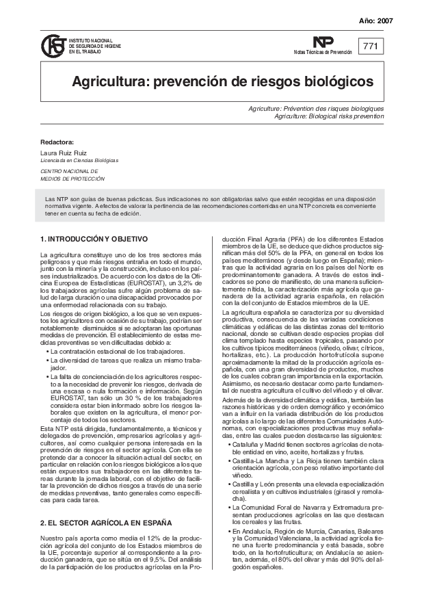 Primera página del documento NTP 0771: Agricultura: prevención de riesgos biológicos - Año 2007
