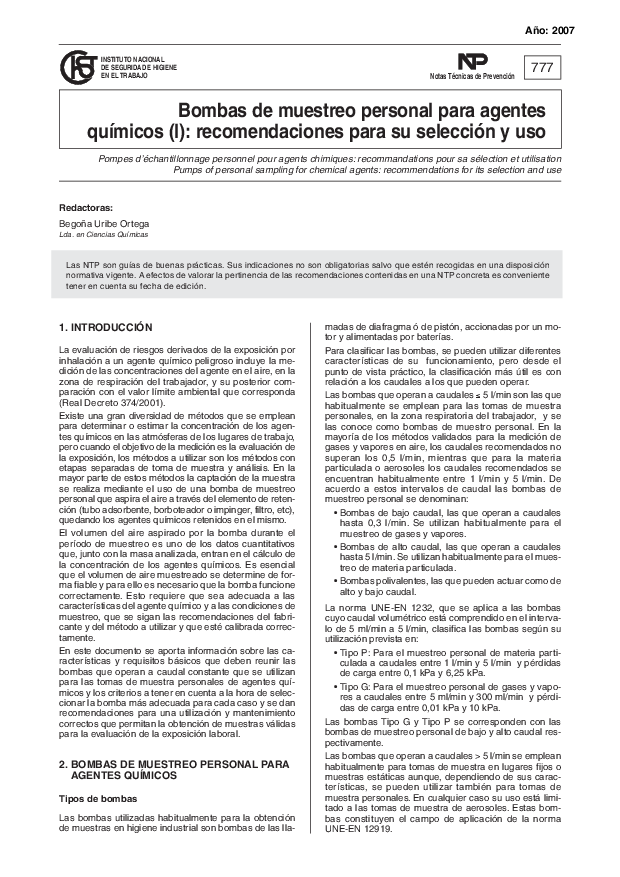 Primera página del documento NTP 0777: Bombas de muestreo personal para agentes químicos (I): recomendaciones para su selección y uso - Año 2007