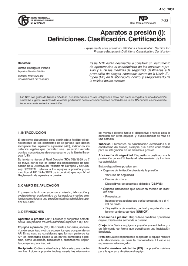 Primera página del documento NTP 0760: Aparatos a presión (I): Definiciones. Clasificación. Certificación - Año 2007