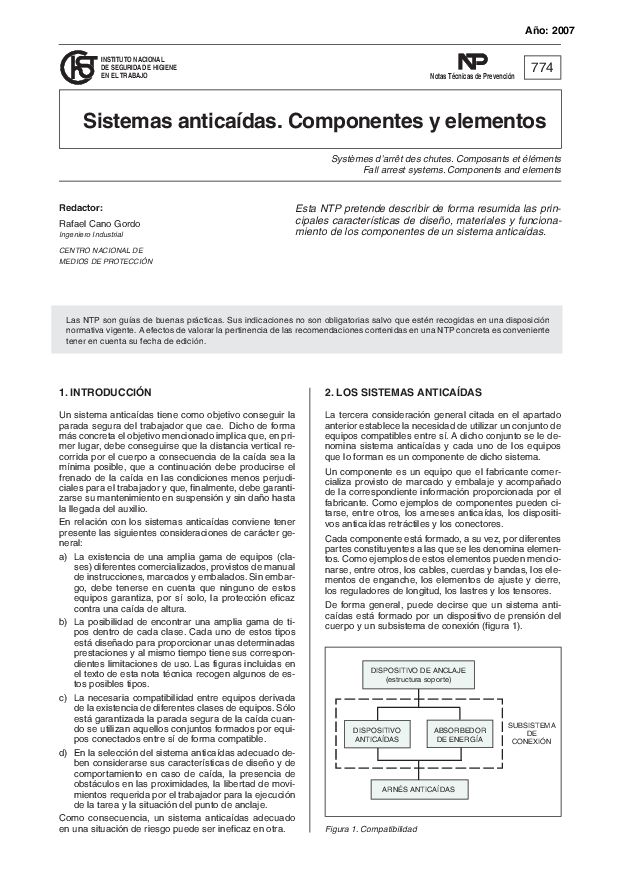 Primera página del documento NTP 0774: Sistemas anticaídas. Componentes y elementos - Año 2007