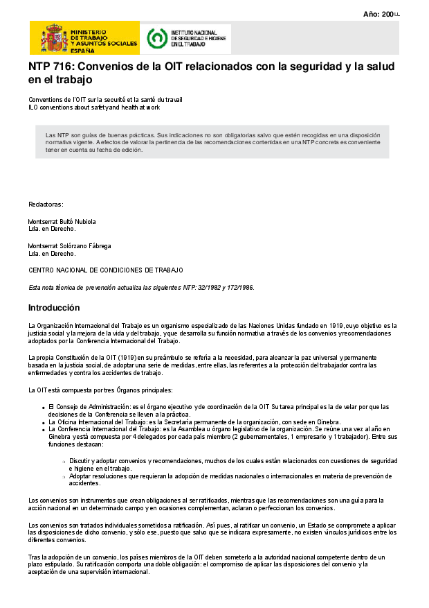 Primera página del documento NTP 716: Convenios de la OIT relacionados con la seguridad y la salud en el trabajo