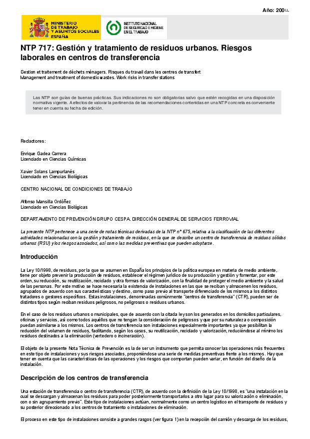 Primera página del documento NTP 717: Gestión y tratamiento de residuos urbanos. Riesgos laborales en centros de transferencia