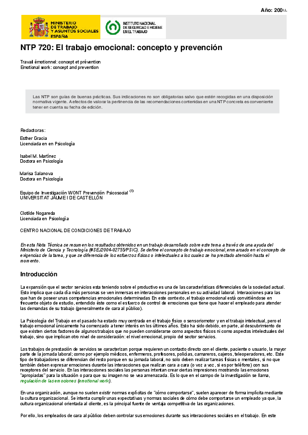 Primera página del documento NTP 720: El trabajo emocional: concepto y prevención