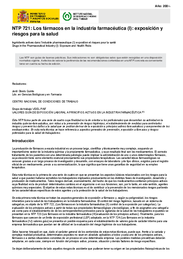 Primera página del documento NTP 721: Los fármacos en la industria farmacéutica (I): exposición y riesgos para la salud
