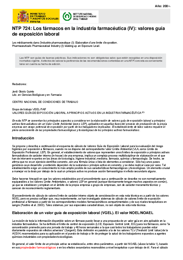 Primera página del documento NTP 724: Los fármacos en la industria farmacéutica (IV): valores guía de exposición laboral